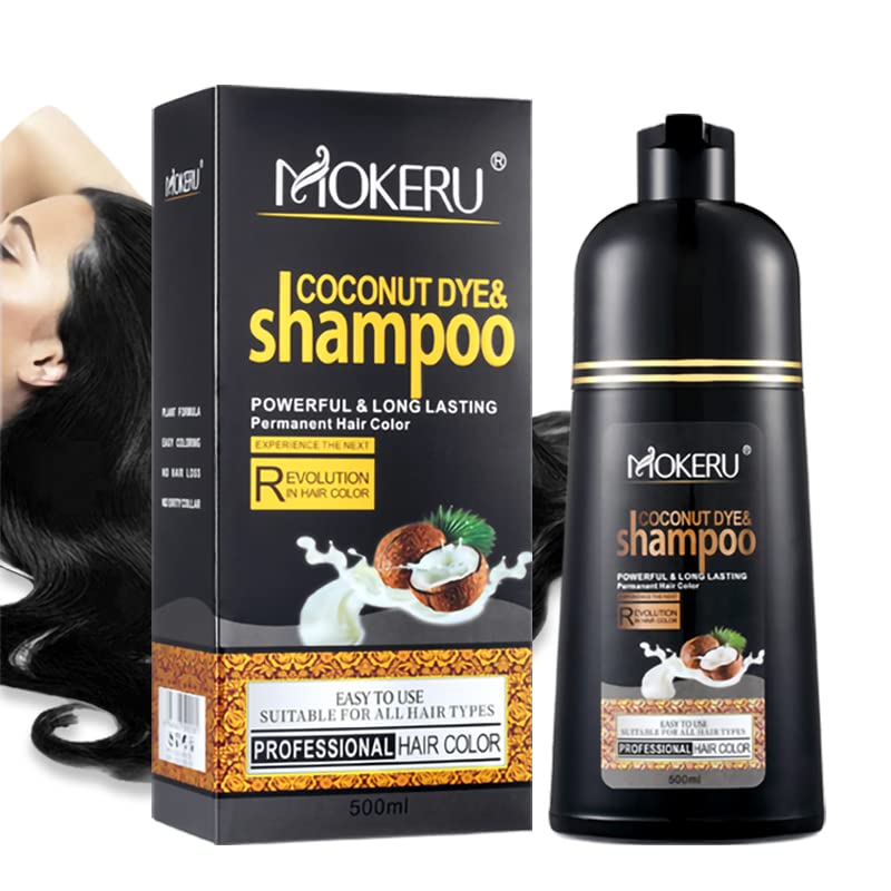 MOKERU Coconut Black Hair Dye Shampoo for Gray Hair, Semi-Permanent Hair Color Shampoo for Women and Men, Fast Acting and Long Lasting, 3 in 1- 100% Grey Coverage(17.6 Fl oz)