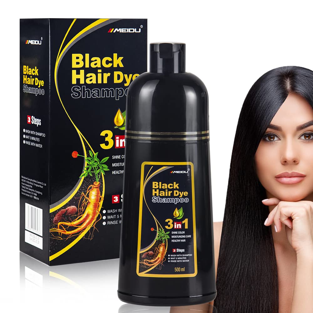 COSMTEK MEIDU Black Hair Dye Shampoo for Gray Hair, Semi-Permanent Hair Color Shampoo for Women and Men, Herbal Ingredients and Ammonia Free, 3 in 1-100% Grey Coverage(17.6 Fl oz)