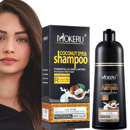 MOKERU Coconut Dark Brown Hair Dye Shampoo for Gray Hair, Semi-Permanent Hair Color Shampoo for Women and Men, Fast Acting and Long Lasting, 3 in 1- 100% Grey Coverage(17.6 Fl oz)