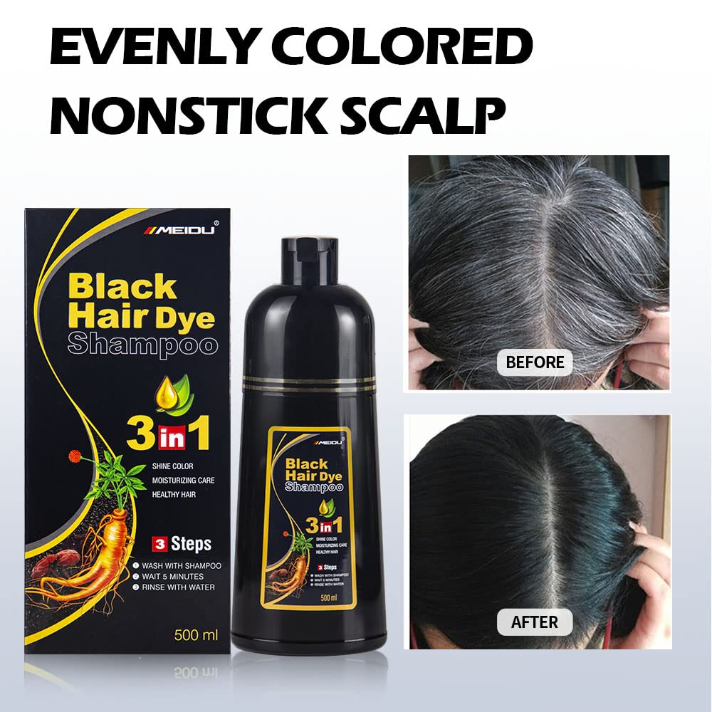 Meidu Instant Black Hair Dye Shampoo for Gary Hair, Permanent Hair Color Shampoo for Women & men, 3 in 1 Herbal Ingredients Coloring Shampoo in 5 Minutes, 500ml