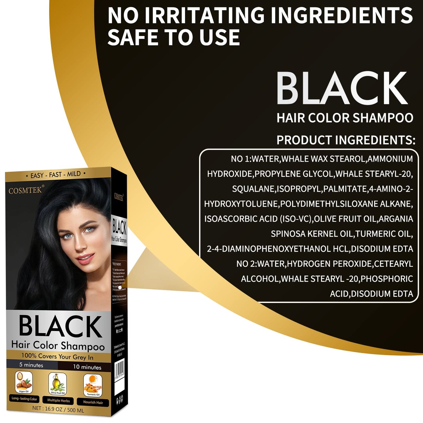 COSMTEK Black Hair Dye Shampoo Permanent for Men&Women,Hair Color Shampoo for Gray Hair Coverage and Beard,3-In-1 Shampoo for Color Treated Hair,Lasts 30 Days/500ml/Ammonia-Free/Natural herbal Ingredients.