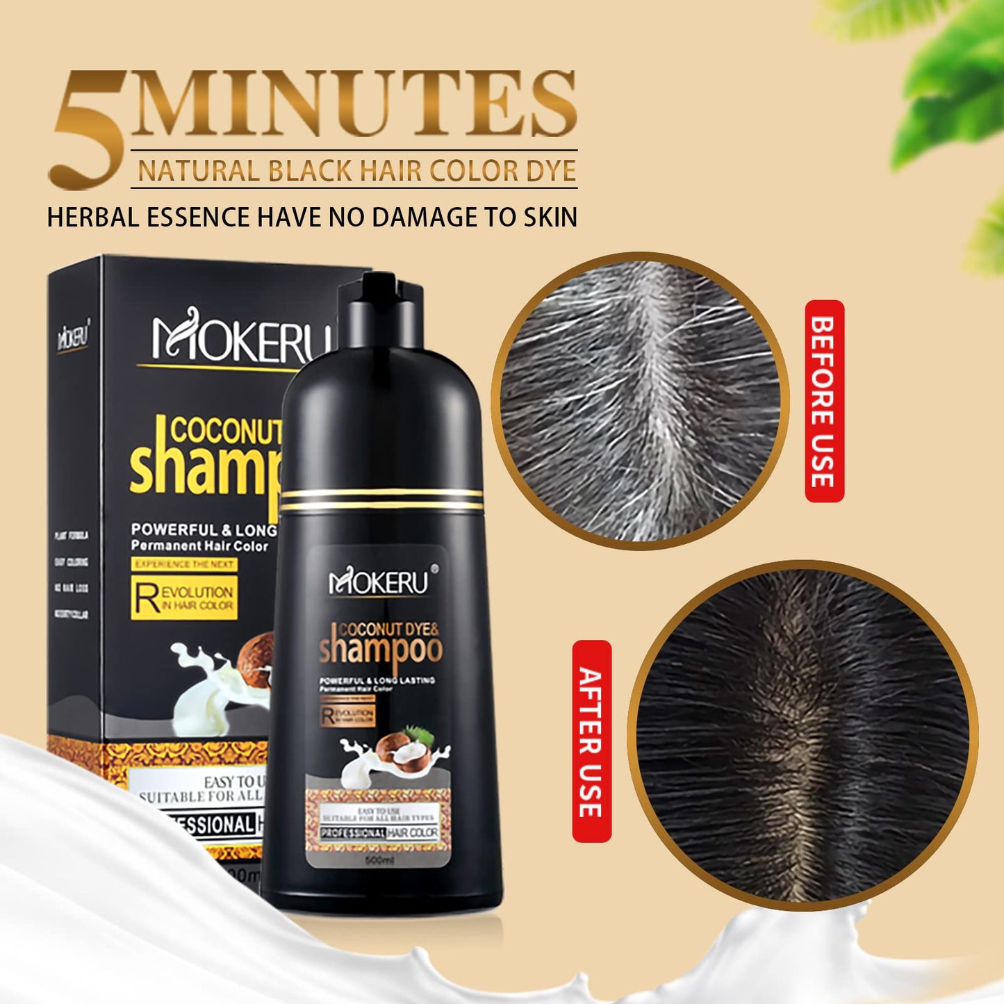 MOKERU Coconut Black Hair Dye Shampoo for Gray Hair, Semi-Permanent Hair Color Shampoo for Women and Men, Fast Acting and Long Lasting, 3 in 1- 100% Grey Coverage(17.6 Fl oz)