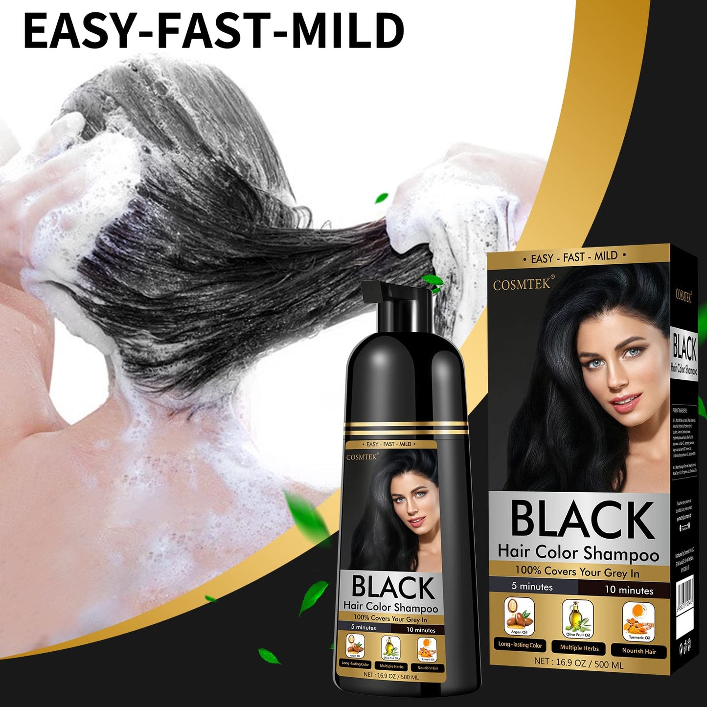 COSMTEK Black Hair Dye Shampoo Permanent for Men&Women,Hair Color Shampoo for Gray Hair Coverage and Beard,3-In-1 Shampoo for Color Treated Hair,Lasts 30 Days/500ml/Ammonia-Free/Natural herbal Ingredients.