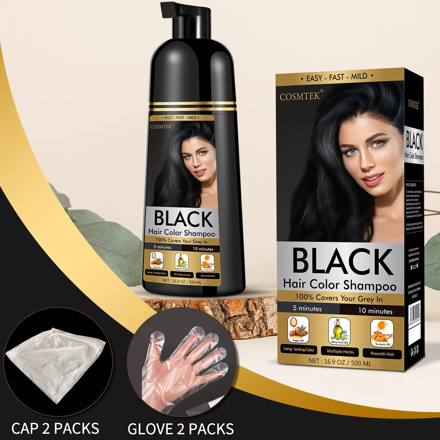 COSMTEK Black Hair Dye Shampoo Permanent for Men&Women,Hair Color Shampoo for Gray Hair Coverage and Beard,3-In-1 Shampoo for Color Treated Hair,Lasts 30 Days/500ml/Ammonia-Free/Natural herbal Ingredients.