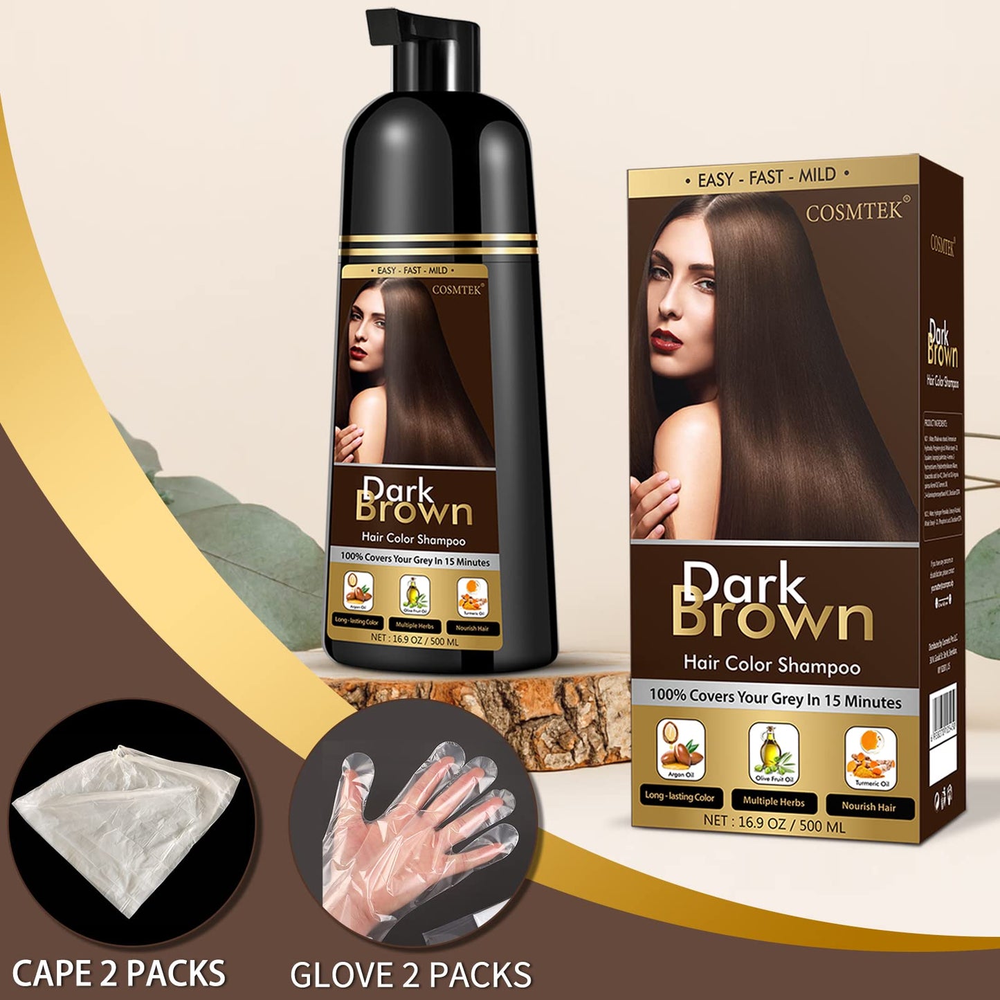 COSMTEK Dark Brown Hair Dye Shampoo Permanent for Men&Women,Instant Hair Color Shampoo for Gray Hair Coverage and Beard,3-In-1 Shampoo for Color Treated Hair,Lasts 30 Days/500ml/Ammonia-Free/Natural herbal Ingredients.