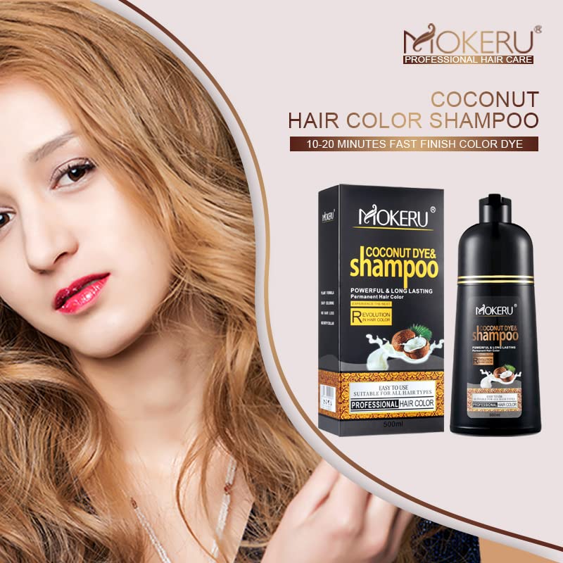 MOKERU Coconut Dark Brown Hair Dye Shampoo for Gray Hair, Semi-Permanent Hair Color Shampoo for Women and Men, Fast Acting and Long Lasting, 3 in 1- 100% Grey Coverage(17.6 Fl oz)