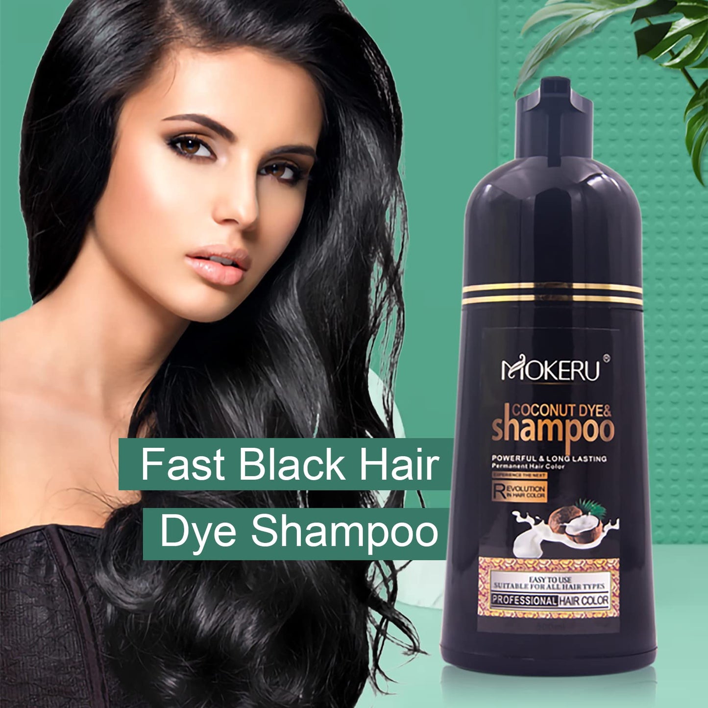 MOKERU Coconut Black Hair Dye Shampoo for Gray Hair, Semi-Permanent Hair Color Shampoo for Women and Men, Fast Acting and Long Lasting, 3 in 1- 100% Grey Coverage(17.6 Fl oz)